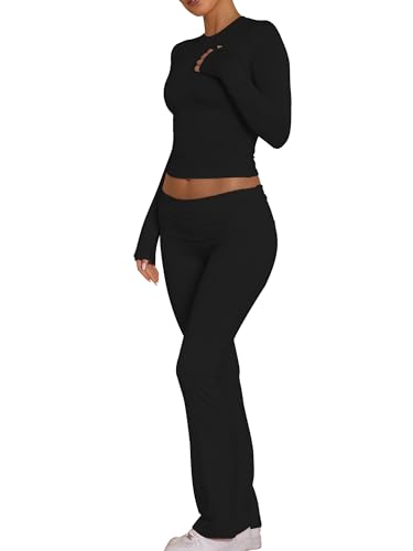 Women's Workout 2 Piece Lounge Sets Long Sleeve Tops Foldover Flare Pants Casual Outfits Tracksuit