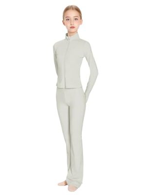 Girls Stand Collar Zipper Elastic Slim Coat, High Waist Flare Pants, Kids Athletic Yoga Dance Gym Set