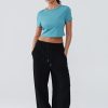 Open Back Workout Tops for Women Crop Yoga Shirts Lightweight Twist Back Athletic Running Gym Tops Blue