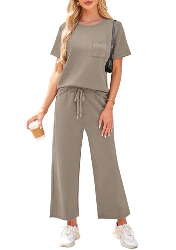 2 Piece Sets for Women Casual Summer Travel Vacation Outfits Short Sleeve Wide Leg Crop Pants Lounge Sets