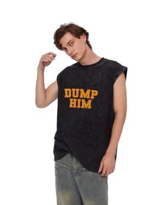 Y2K Graphic Tank Tops - Dump Him Sleeveless Acid Wash Round Neck Tank Running Gym Loose Fit Tee