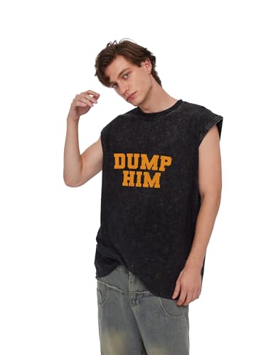 Y2K Graphic Tank Tops - Dump Him Sleeveless Acid Wash Round Neck Tank Running Gym Loose Fit Tee