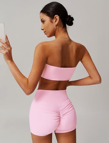 Women Workout Sets Bandeau Bralette Sports Bra Scrunch Butt Lifting High Waist Shorts 2 Piece Gym Yoga Outfits