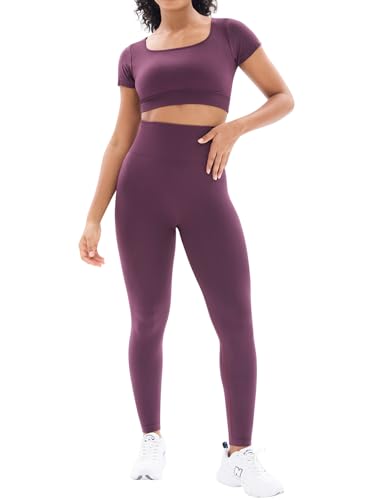 Womens Seamless Workout Sets 2 Piece Open Back Crop Tops High Waist Leggings Yoga Outfits Gym Clothes Sets (L085 Purple M)