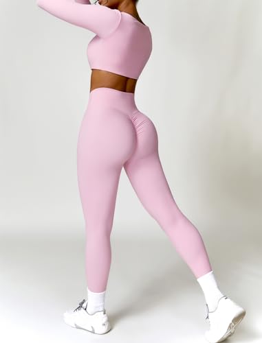 Workout Sets for Women 2 Piece Square Neck Long Sleeve Crop Tops High Waist Flared Leggings Gym Sets