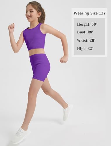 Girl's 2 Piece Outfits Workout Set Seamless Ribbed Cropped Tank Tops and Athletic Shorts Summer Kids 6-14Y