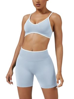Workout Sets for Women Color Block Sports Bra Hidden Scrunch High Waist Biker Shorts 2 Piece Gym Yoga Outfits