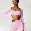 Workout Sets for Women 2 Piece Square Neck Long Sleeve Crop Tops High Waist Biker Shorts Gym Sets
