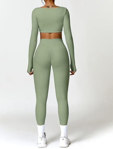 2 Piece Workout Sets for Women Long Sleeve Crop Tops and Yoga Pants Outfits High Waist Flared Leggings Gym Sets