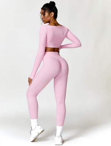 Workout Sets for Women 2 Piece Square Neck Long Sleeve Crop Tops High Waist Flared Leggings Gym Sets