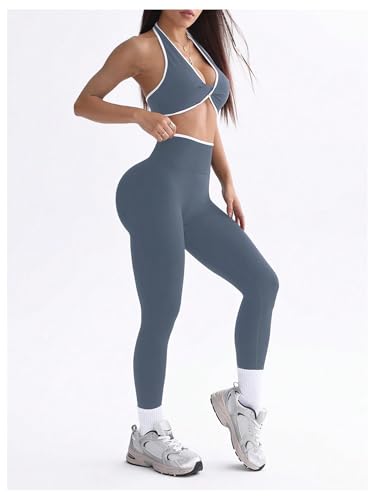 Women's 2 Piece Workout Set Twist Front Halter Yoga Crop Top High Waist Leggings Outfits