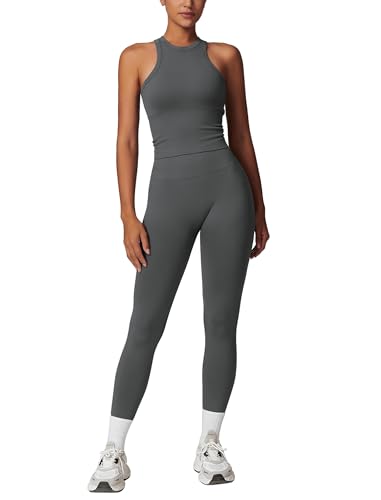 Womens Workout Sets Two Piece Racer-back Tank Top Matching High Waist Leggings Sets Gym Outfits Work Out Clothes