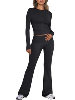 Lounge Sets For Women 2 Piece Outfits Long Sleeve Shirts and Fold Over Yoga Pants Two Piece Workout Sets
