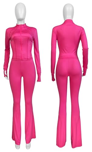 Womens Two Piece Outfits Fall Workout Zip Up Sweatshirt And Jogger Flare Yoga Pants Gym Sweat Suits 2 Piece Set