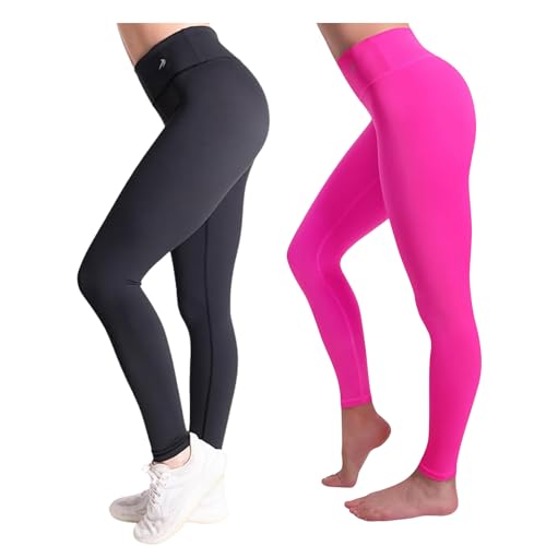 Tummy Control Compression Leggings for Women | High Waisted Workout Yoga Pants (Black + Pink, Large) Bundle