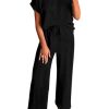 Summer Sets Women 2 Piece Outfits Casual Ribbed Knit Short Sleeve Tops Wide Leg Pants Lounge Set Travel Tracksuit