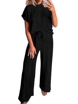 Summer Sets Women 2 Piece Outfits Casual Ribbed Knit Short Sleeve Tops Wide Leg Pants Lounge Set Travel Tracksuit