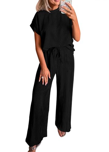 Summer Sets Women 2 Piece Outfits Casual Ribbed Knit Short Sleeve Tops Wide Leg Pants Lounge Set Travel Tracksuit