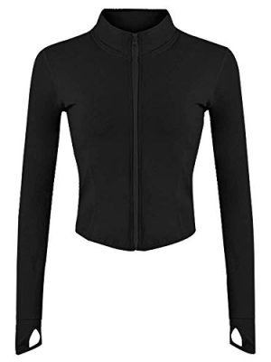 Womens Lightweight Full Zip Running Track Jacket Workout Slim Fit Yoga Sportwear with Thumb Holes
