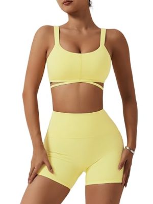 Workout Sets for Women 2 Piece Twist Front Halter Sports Bras High Waist Biker Shorts Exercise Gym Yoga Outfit
