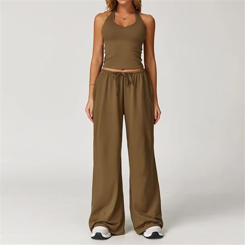 2 Pieces Women Workout Outfits Fitness Sportswear Gym Wide Leg Straight Pants Tracksuit Sports Tank Suit