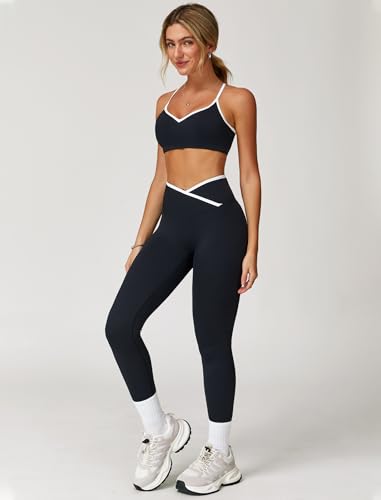 Women 2 Piece Workout Sets ColorBlock Cross Back Sports Bra High Waist Tummy Control Active Leggings Yoga Outfit