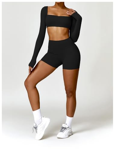 2 Piece Women's Workout Sets,Seamless Long Sleeve Gym Bra Outfits,Butt Lifting Shorts Pants Short trousers.