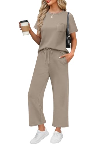 2 Piece Sets for Women Casual Summer Travel Vacation Outfits Short Sleeve Wide Leg Crop Pants Lounge Sets