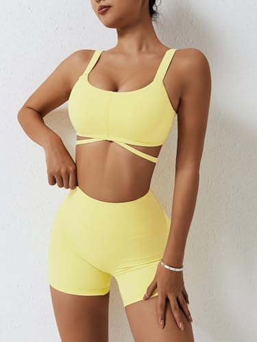 Workout Sets for Women 2 Piece Twist Front Halter Sports Bras High Waist Biker Shorts Exercise Gym Yoga Outfit