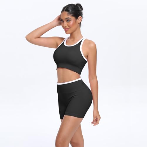 2 Piece Workout Sets for Women Seamless Ribbed Padded Sport Bra High Waisted Yoga Shorts Matching Gym Outfits