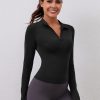 Womens Long Sleeve Workout Tops Quick Dry Quarter Zip Pullover Crop Yoga Athletic Slim Fit Shirts