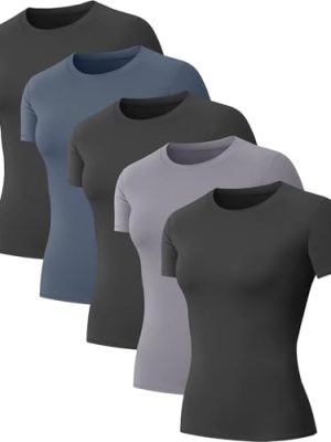 5-Pack Women's Compression Shirts Short Sleeve Workout Tops Athletic Baselayer Quick Dry Gym Yoga Running T-Shirt