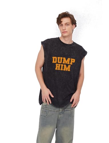 Y2K Graphic Tank Tops - Dump Him Sleeveless Acid Wash Round Neck Tank Running Gym Loose Fit Tee