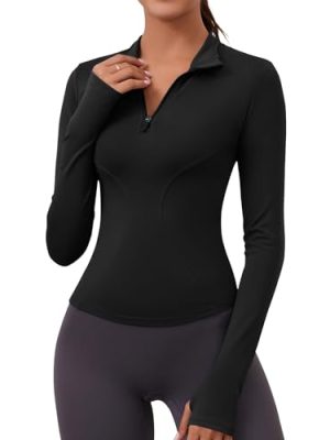 Womens Long Sleeve Workout Tops Quick Dry Quarter Zip Pullover Crop Yoga Athletic Slim Fit Shirts