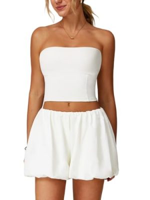 Womens Summer 2 Piece Outfits Y2k Crop Tube Tops Built in Bra Bubble Shorts Workout Sets Tracksuit