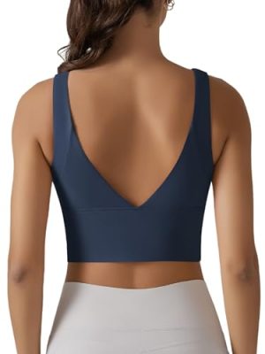 Longline Sports Bra for Women V Back Wireless Padded Medium Support Yoga Bra Workout Crop Tank Tops