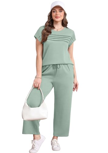 Two Piece Sets for Women Summer Travel Vacation Outfits Cap Sleeve Lounge Matching Sets Wide Leg Pants S-3XL