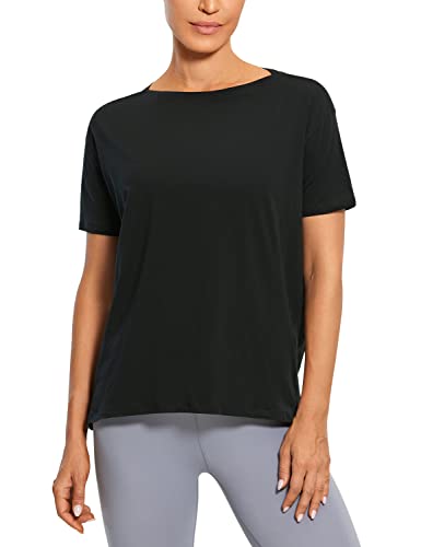 Women's Pima Cotton Short Sleeve Shirts Boat Neck Loose Fit Gym Workout T-Shirt Athletic Casual Tops