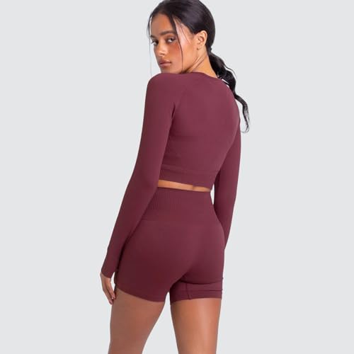 Women Yoga 2 Pieces Workout Long Sleeve Crop Top Sports Bra + Running Shorts Sets Athletic Fitness Gym Tracksuit
