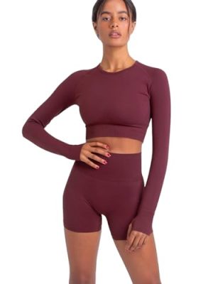 Women Yoga 2 Pieces Workout Long Sleeve Crop Top Sports Bra + Running Shorts Sets Athletic Fitness Gym Tracksuit