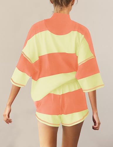 Women Striped Workout Set Two Piece Outfit Tracksuit Oversized Lounge Set Top and Shorts Sets with Pockets
