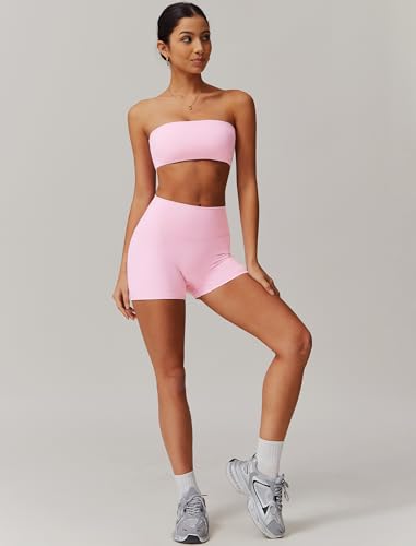 Women Workout Sets Bandeau Bralette Sports Bra Scrunch Butt Lifting High Waist Shorts 2 Piece Gym Yoga Outfits
