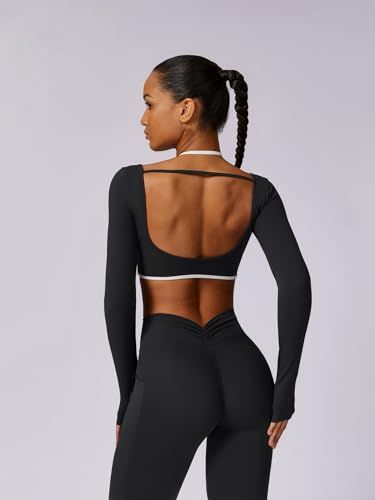 Workout Sets for Women Long Sleeve Crop Top Scrunch Butt Lifting High Waist Leggings with Pockets 2 Piece Outfits