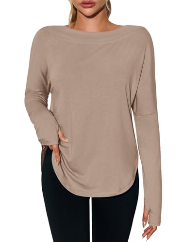 Tankaneo Womens Open Back Workout Shirts Casual Long Sleeve Boat Neck Tops Athletic Gym Yoga Tees with Thumb Holes