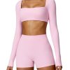 Workout Sets for Women 2 Piece Square Neck Long Sleeve Crop Tops High Waist Biker Shorts Gym Sets