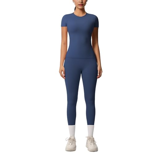 Women’s 2 Piece Workout Set – Athletic T-Shirt & High Waist Leggings – Activewear for Gym, Running & Yoga