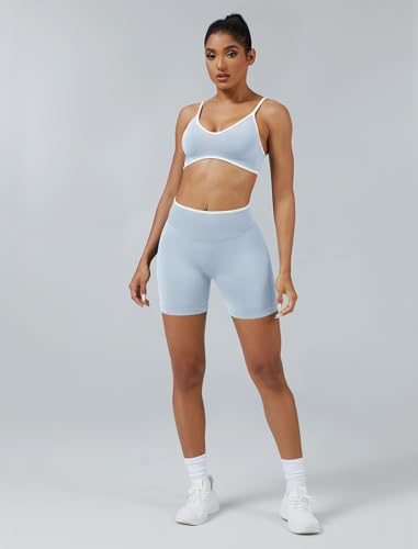 Workout Sets for Women Color Block Sports Bra Hidden Scrunch High Waist Biker Shorts 2 Piece Gym Yoga Outfits