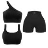 Womens 3 Piece Workout Sets - Seamless Ribbed Yoga Outfits Sports Bra One Shoulder Top Biker Shorts Gym Athletic Cloth