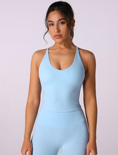 Womens Strappy Workout Tank Top with Built in Bra Backless V Neck Longline Sports Bras Yoga Gym Athletic Tops
