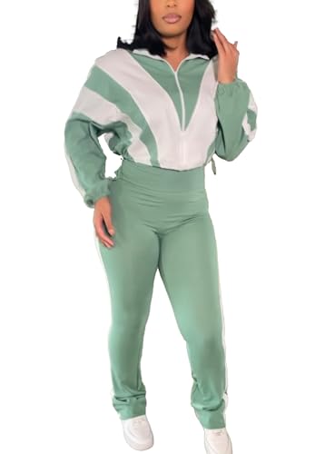 Women's Color Block 2 Piece 80s 90s Outfits Sweatshirt Zip Up Jacket and Bodycon Pants Tracksuit Sets